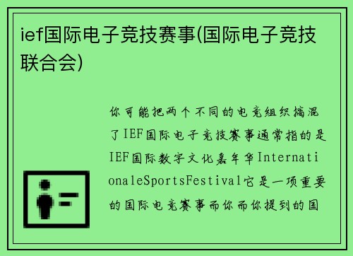 ief国际电子竞技赛事(国际电子竞技联合会)